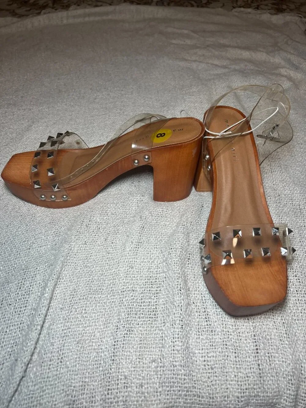 NWOT Madden Girl Clear Studded Block Heel Sandals Wood Look, Size 8 Women's PVC